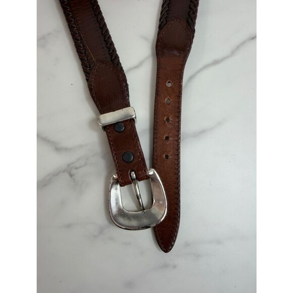 Brighton Brown Leather Woven Belt Size L Multicolor Inlay Silver Tone Buckle main image 6